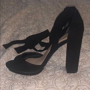 Black Suede Block Heels with Lace Up Ankle Wrap